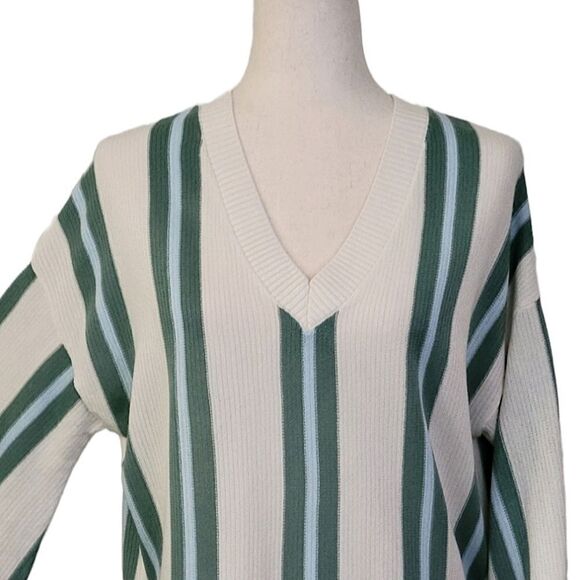 Wild Fable Green Striped Ballon Sleeve V-neck Ribbed Tunic Length Sweater Size M - Picture 5 of 8